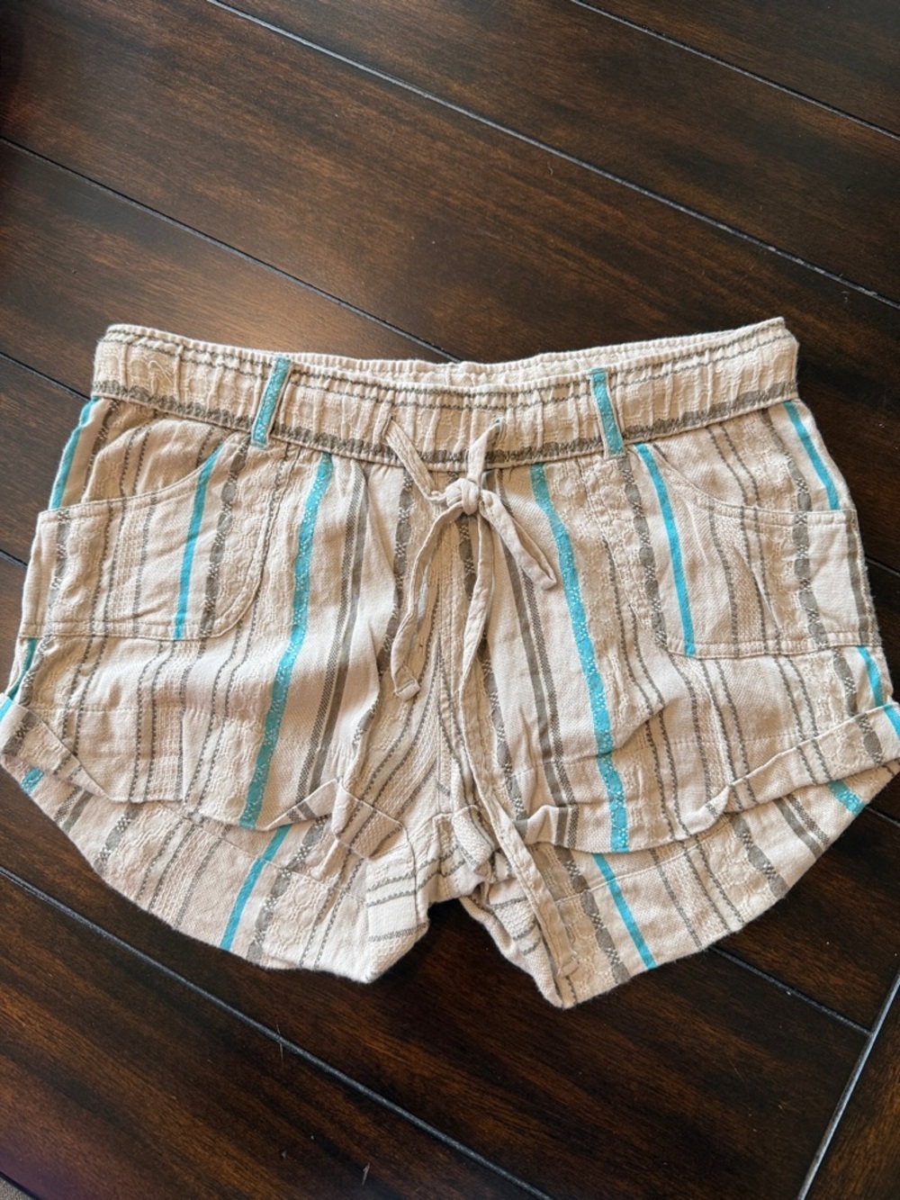 LAGACI Casual Pull-On Beige Stripe Drawstring Boho Coastal Surfer Beach Shorts S